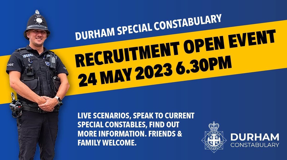 Special Constable Recruitment Event 

Join us on May 24th in #Durham for live scenarios and to gain a real understanding of the role of a volunteer police officer!

Spaces are limited, sign up with the link below 👇

Sign Up: bit.ly/43pI9r8