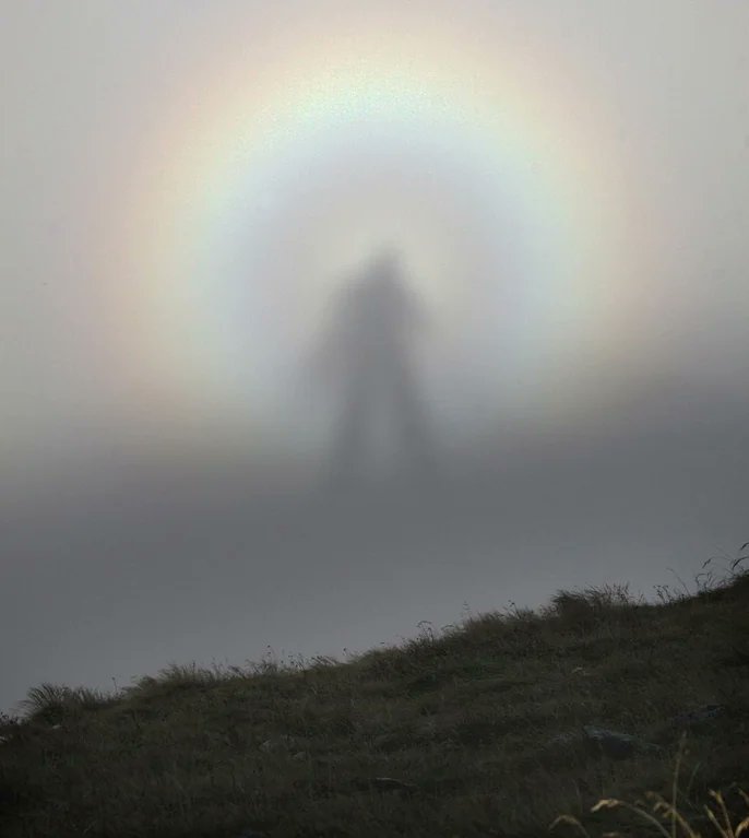 creepydotorg's tweet photo. A rare optic sight, the "Brocken spectre," which occurs when a person stands at a higher altitude in the mountains and sees his shadow cast on a cloud at a lower altitude. https://t.co/IiNk65ObhT