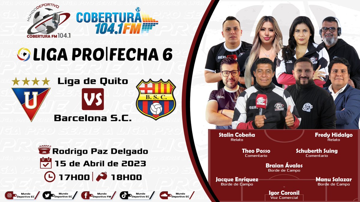 El partido de la fecha dese el Rodrigo Paz Delgado 

<a href="/LDU_Oficial/">LDU Oficial</a> vs <a href="/BarcelonaSC/">BARCELONA S.C.</a> 

🎙Relatos: <a href="/StalinCobena/">Stalin Cobena</a> - <a href="/FPHidalgo/">Fredy Patricio Hidalgo</a> 

📖 Comentarios: <a href="/posso_sports/">Theo Posso</a> - <a href="/SchuberthSuingV/">Schuberth Suing</a> 

🏟 Borde de campo: <a href="/Braian_AvalosG/">Braian Andrés Avalos</a> - <a href="/jacqueenriquez5/">Jacque Enríquez</a> y <a href="/manuela_salazar/">Manuela Salazar</a> 

🎤 Voz Comercial: <a href="/Igordigalo/">Igor  Coronil</a>
