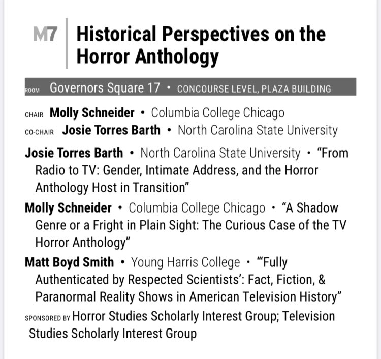 MoSchneids's tweet image. So many amazing TV panels scheduled at the same time today, but if you&apos;re up for it, come see our panel on Historical Perspectives on the Horror Anthology, featuring @jotorresbarth, Matt Boyd Smith, and yours truly! #SCMSTV #SCMS23 #M7