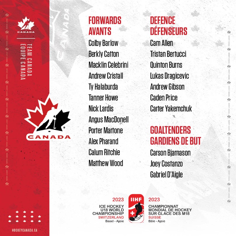 2⃣2⃣ players have been named to the 🇨🇦 roster for #U18Worlds.

2⃣2⃣ joueurs ont été nommés à la formation du 🇨🇦 pour le #MondialM18.

ROSTER ➡️ hc.hockey/2023U18Roster
FORMATION ➡️ hc.hockey/FormationM1820…