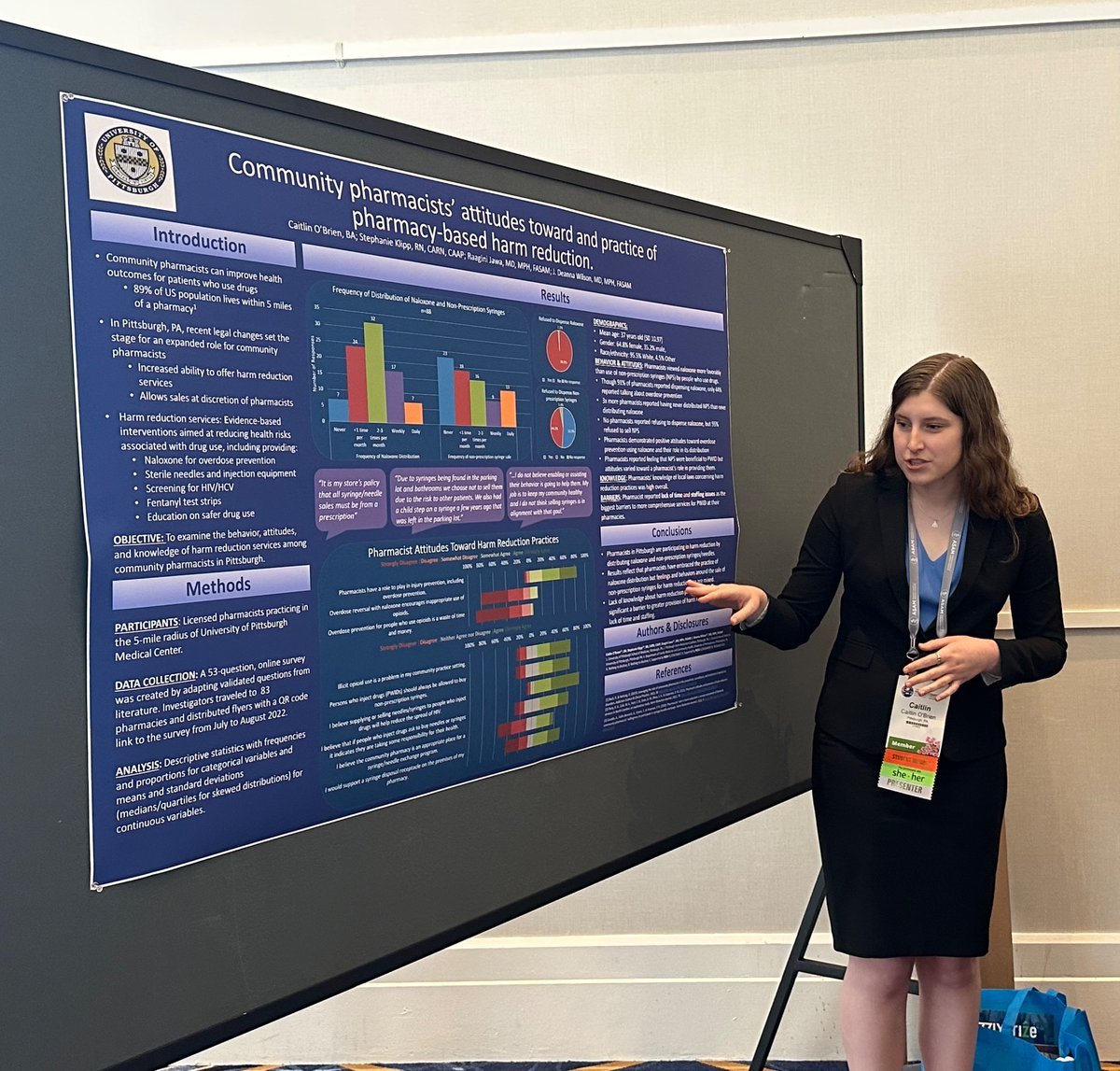 Caitlin O’Brien sharing our work with
<a href="/Raaginizzle/">Raagini Jawa MD, MPH, FASAM</a> <a href="/HarmRedux_RN/">Stephanie Klipp, RN, CARN, CAAP, CRS</a> on community pharmacist perspectives and practices related to harm reduction. <a href="/ASAMorg/">ASAM</a> #ASAM2023 
<a href="/PittGIM/">Pitt General Internal Medicine</a> <a href="/PittMedMag/">Pitt Med Magazine</a>