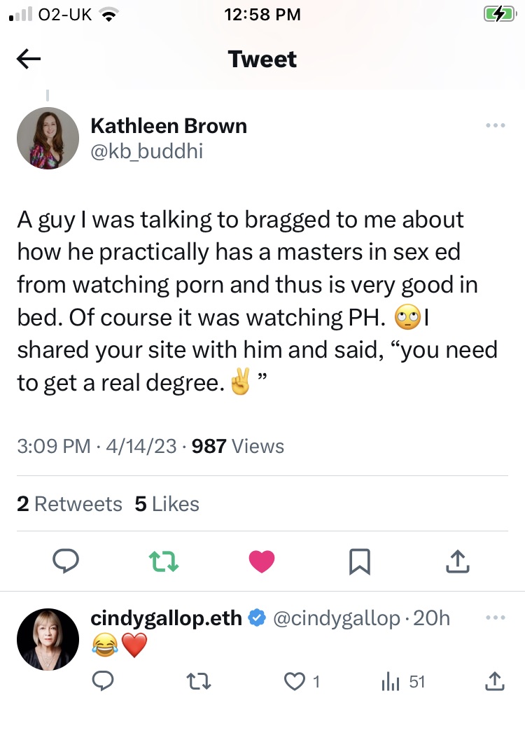 cindygallop's tweet photo. Hear hear @kb_buddhi! @MakeLoveNotPorn is sex education through real world demonstration - investors who see the huge opportunity for both financial and social returns, email cindy@makelovenotporn.com
#sextech #socialsex #socialsexrevolution https://t.co/vUzwZgZEbF