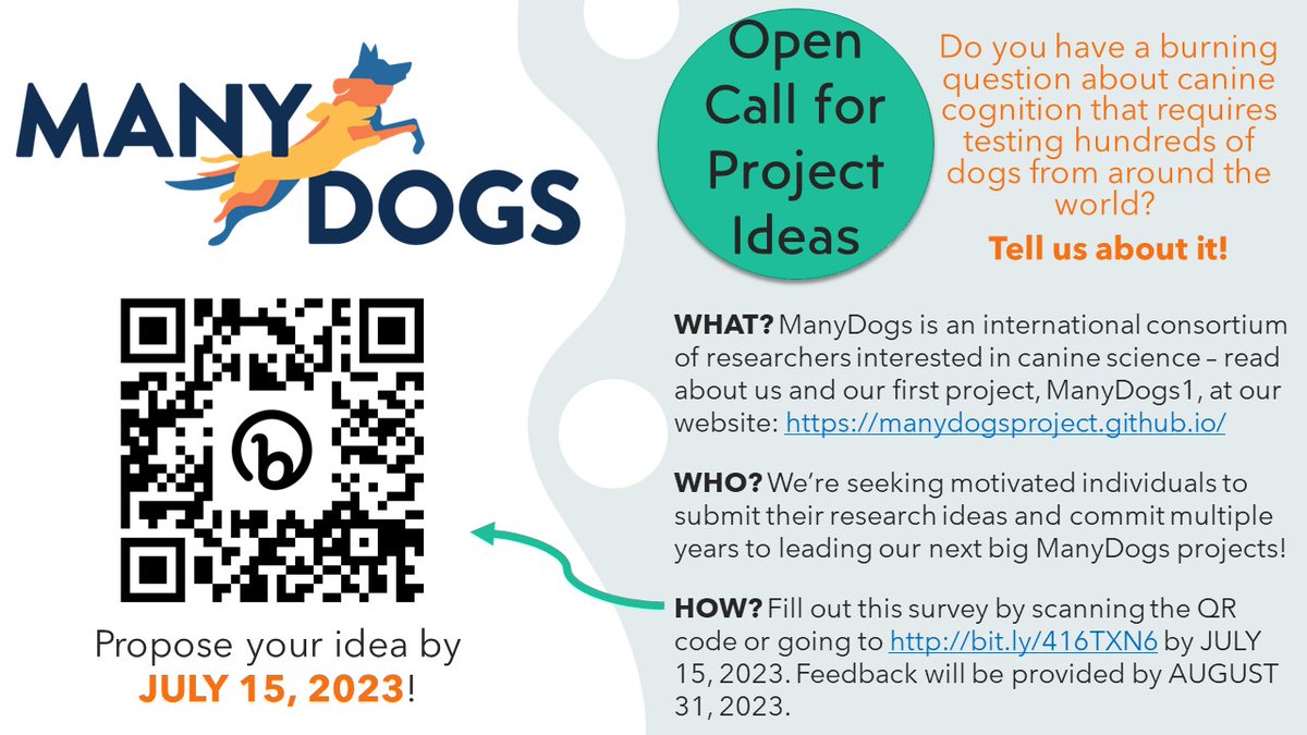 ManyDogs is soliciting proposals! Do you have a research idea that will benefit from a large, many-lab sample and move the field of canine science forward? Are you willing to lead our next big project? Go to this link and tell us about it by July 15, 2023: bit.ly/416TXN6