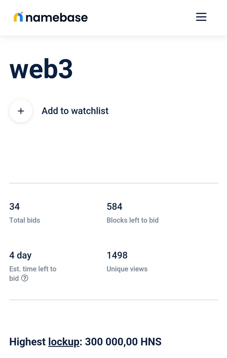 SvenASoderberg's tweet photo. The currently highest bid for the top level domain .web3 on Nambase is: 300,000 $hns, approximately $8,900 US dollar.

4 days left of the auction. 

https://t.co/mVUYeBNIZh https://t.co/uKkiGK8zvl