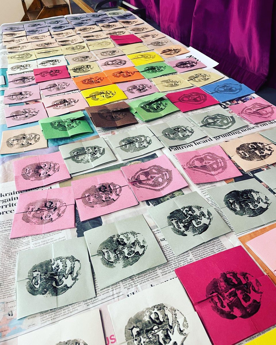 BerghApton's tweet photo. A busy day getting creative! Today members of the Bergh Apton Community Arts Trust made 200 prints of Non, Neb and Luck! #printmaking #nonnebluck #berghaptoncommunityarts https://t.co/vVCTHlJjWl