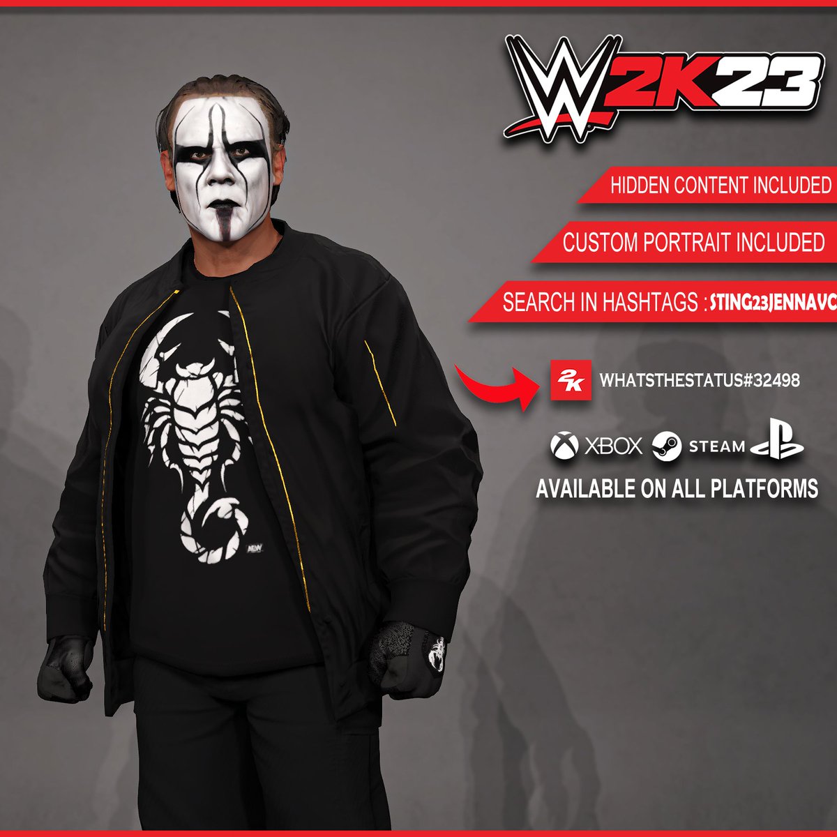 Sting (@sting) Uploaded to #WWE2K23 Community Creations

➠ Search In HashTags: STING23JENNAVC
★ HIDDEN VOICE ENTRANCE & TAUNTS
★ HIDDEN CROWD CHANTS
➠ Collab with
@Jena_Sting
@enzoanimal90
@BigRighteous
@Azorthious