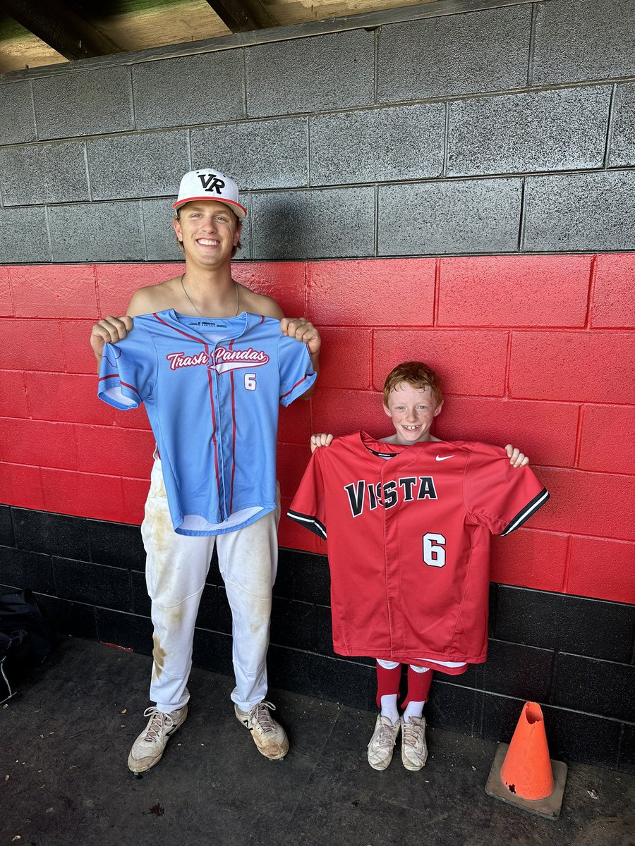 Jersey swap of the year between <a href="/vrhsbaseball/">Vista Ridge High School Baseball</a> pitcher <a href="/aidenrc3/">Aiden</a> and Trash Panda Maxton Garver! <a href="/var_austin/">VAR</a> #PresentAndTheFuture #LoveThisTeam