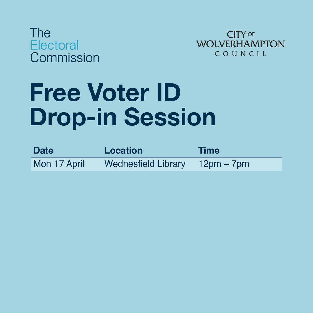 Don’t miss our free drop-in session at Wednesfield Library this Mon 17 April, 12 to 7pm, for anyone who wishes to apply for a free voter authority certificate. 

Check if you need one as your photo ID: orlo.uk/785Y9
No need to book &amp; bring your NI number if you can.