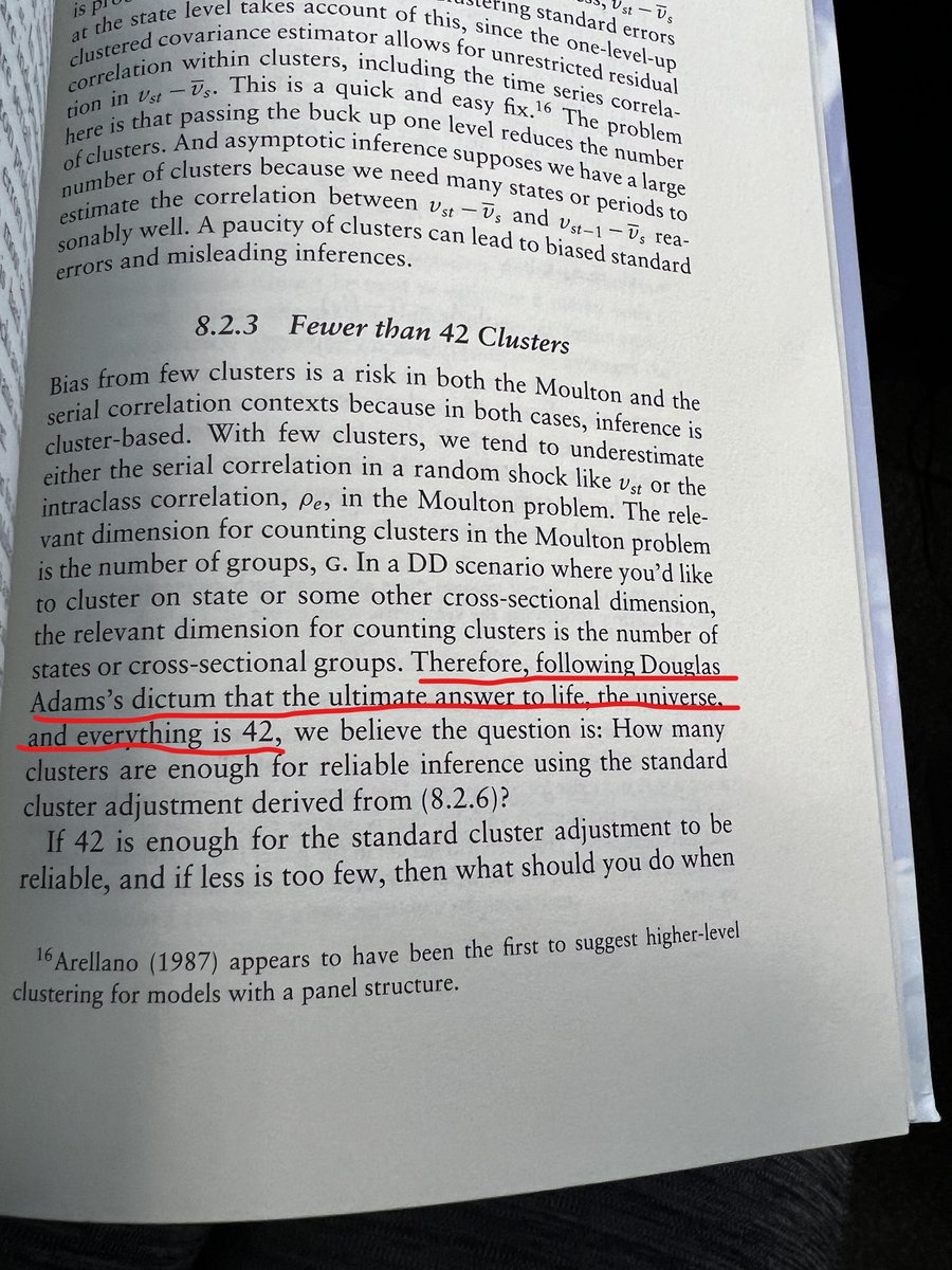 First EconTwitter Tweet: I just realized that the rule of thumb of 42 being a reasonable number of clusters is actually a Hitchhiker's Guide to the Galaxy joke from Mostly Harmless Econometrics. 😆 #EconTwitter