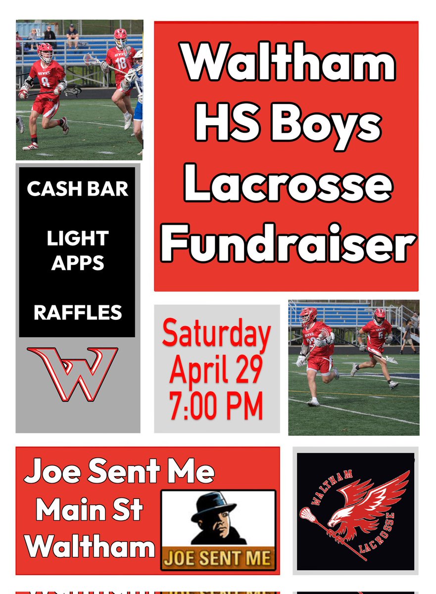 WhsFriendsof's tweet photo. Save the date and join us for an adult night out to benefit Waltham High Boys Lacrosse! Cash bar, apps and raffles at Joe Sent Me on 4/29 at 7pm! See you there! https://t.co/b2b1d4lz9B
