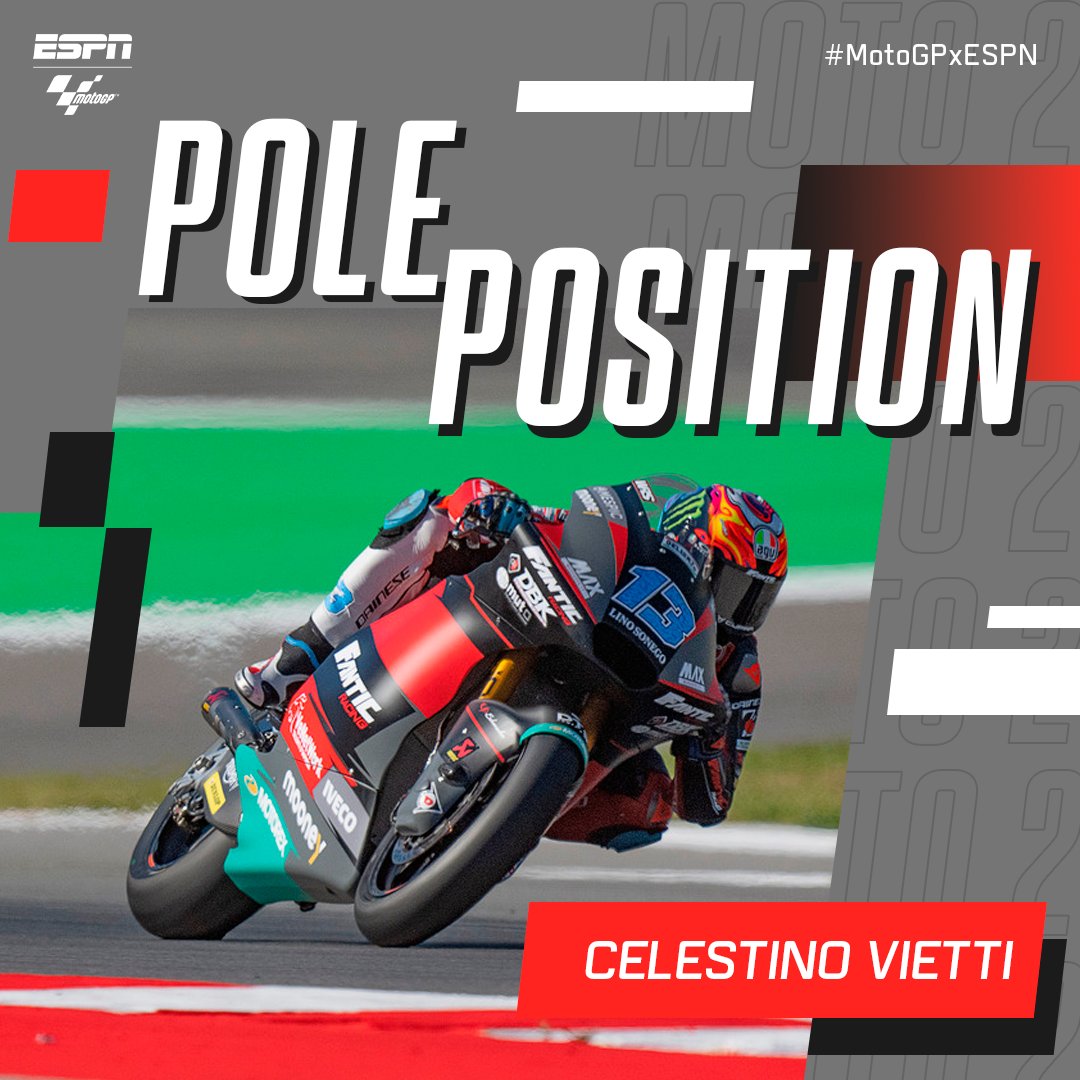 MotoGP_ESPN's tweet photo. ¡CELESTINO ESTÁ DE VUELTA! 👊🇮🇹
#Vietti, de gran arranque en la temporada pasada, volvió a pelear en lo más alto y se quedó con la pole del #AmericasGP gracias a una marca de 2:09.452. Pedro #Acosta y Filip #Salac completan la primera fila.
#MotoGPxESPN https://t.co/mi9WNmpwkG