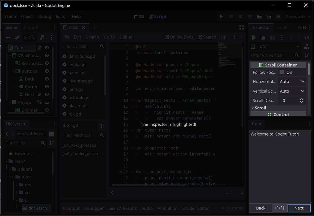 hey #godotengine content creators and users, I'm developing a plugin that allows you to create and share tutorial script files that will guide users through each step, in-engine.

what features would you like to see?