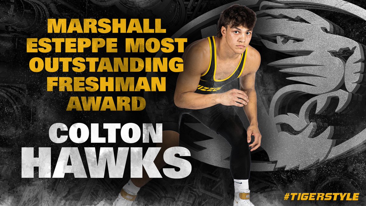 MizzouWrestling's tweet photo. Marshall Esteppe Most Outstanding Freshman Award: 𝐂𝐨𝐥𝐭𝐨𝐧 𝐇𝐚𝐰𝐤𝐬

The redshirt freshman earned his first NCAA qualification after finishing fourth at the Big 12 Championships.  

#MIZ🐯 #TigerStyle https://t.co/x2eGmZESTy