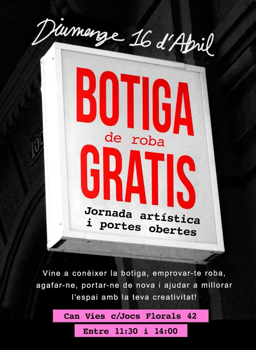 Jornada artística i portes obertes  aquest diumenge a la nostra 🥿🥻👚
BOTIGA de roba 🩳 👘 👛 GRATIS! 

Vine a conèixer la botiga, emprovar-te roba, agafar-ne, portar-ne de nova i ajudar a millorar l'espai amb la teva creativitat!

Entre 11:30 i 14:00 Can Vies: c/Jocs Florals 42