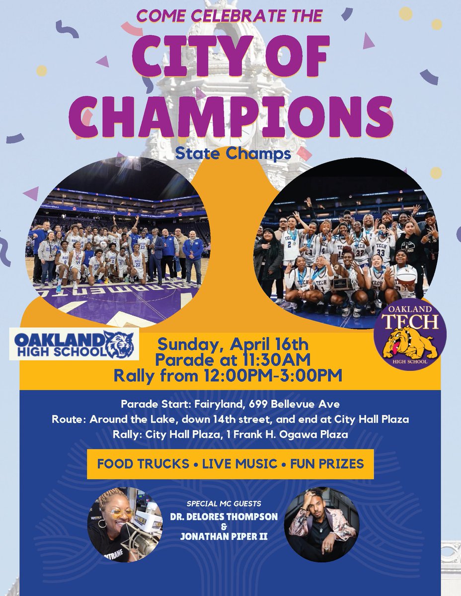 The Celebration of Champions is tomorrow! The parade will start at 11:30am at Fairyland, travel around the Lake and down 14th to City Hall for the noon rally. Join the event and help cheer on these amazing student athletes! <a href="/OALAthletics/">OALAthletics</a> <a href="/TheOaklandHigh/">Oakland High School</a> <a href="/OTLadyBulldawgs/">Oakland Tech Lady BullDawgs</a>