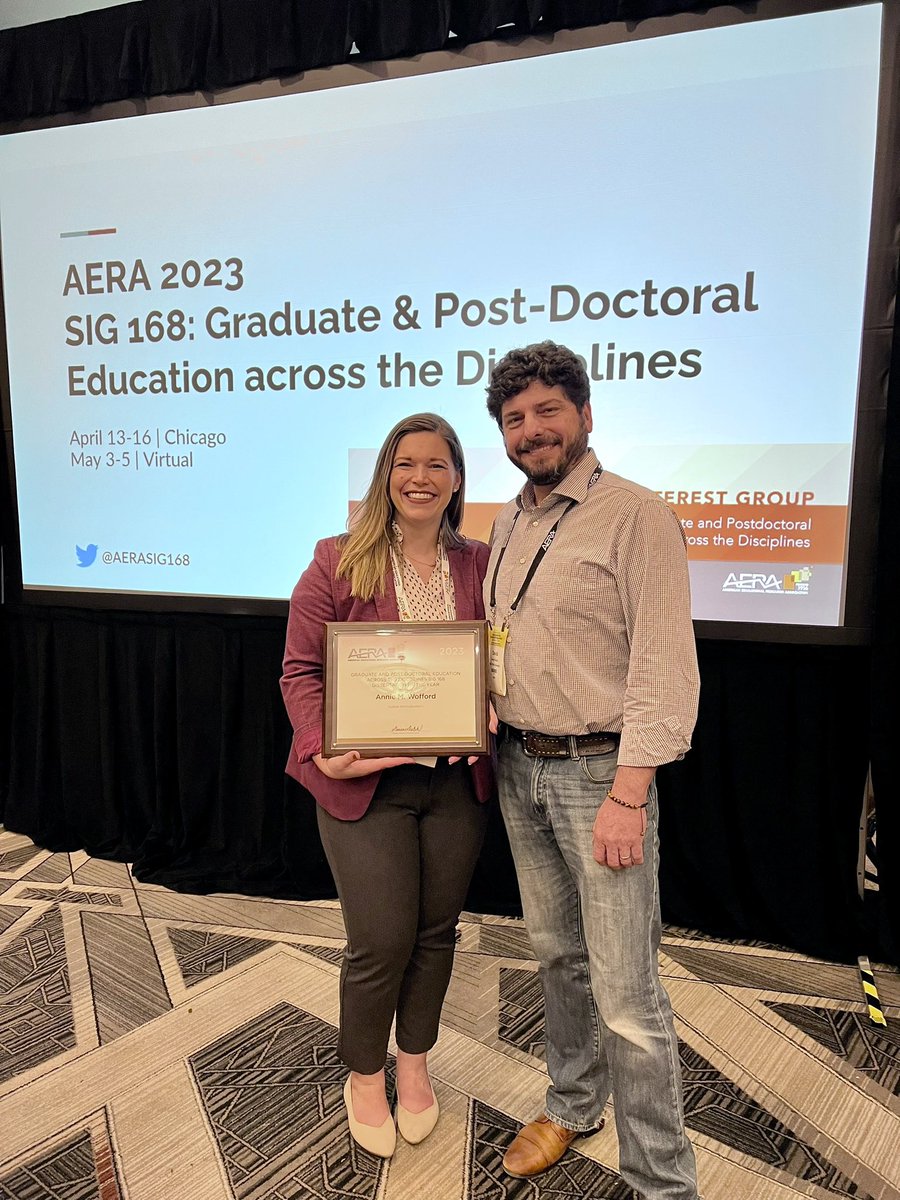 Incredibly honored to accept the @AERASIG168 Dissertation of the Year Award today!

Thank you to the awards co-chairs & committee, and the SIG members, for crafting a community that has allowed me to explore and grow as an equity-focused scholar of graduate education. #AERA2023