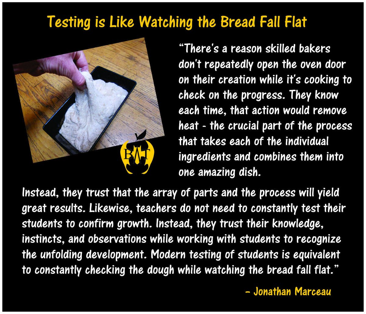 NoCarolinaBATs (@nocarolinabats) on Twitter photo There's a reason you're not supposed to open the oven door again & again to check on your bread. It will go flat. Same thing happens with kids being tested over & over. #TBATs #TeachNotTest
<a href="/SoCarolinaBATs/">South Carolina BATs</a> <a href="/MissouriBATs/">Missouri BATs</a> <a href="/FLBATsA/">@FLBATs</a> @browardbats <a href="/LouisianaBATs/">Louisiana</a> <a href="/piper4missouri/">piper4missouri</a> There's a reason you're not supposed to open the oven door again & again to check on your bread. It will go flat. Same thing happens with kids being tested over & over. #TBATs #TeachNotTest
<a href="/SoCarolinaBATs/">South Carolina BATs</a> <a href="/MissouriBATs/">Missouri BATs</a> <a href="/FLBATsA/">@FLBATs</a> @browardbats <a href="/LouisianaBATs/">Louisiana</a> <a href="/piper4missouri/">piper4missouri</a>