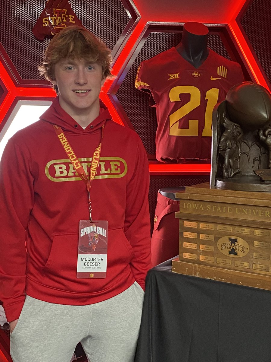 McCorterGoeser's tweet photo. Thanks @CycloneFB for the visit. Had fun watching the practice and touring your facilities! @ISUMattCampbell @Coach_Heacock @TysonVeidt @KHigh4Cy @nexgenscouting @ElkhornSouthFB https://t.co/53UXNLs8re