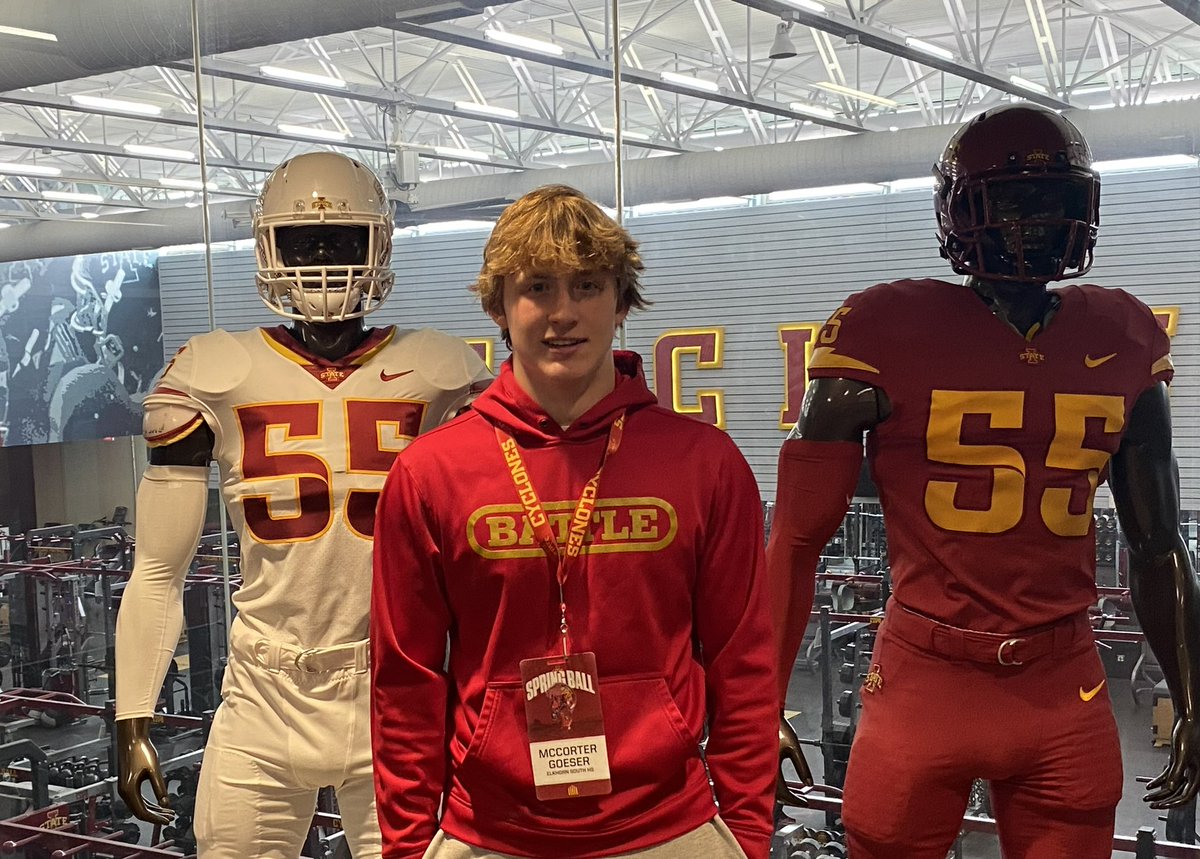McCorterGoeser's tweet photo. Thanks @CycloneFB for the visit. Had fun watching the practice and touring your facilities! @ISUMattCampbell @Coach_Heacock @TysonVeidt @KHigh4Cy @nexgenscouting @ElkhornSouthFB https://t.co/53UXNLs8re