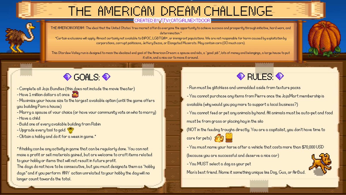 anotheralicat's tweet image. I'm so excited to present: The American Dream Challenge for Stardew Valley! We'll be doing the first run of this new challenge starting Monday as the main event of our reverse subathon! See you there at 2pm CST every day next week until the timer hits 0!
Timer starts at 72hrs! ♥️