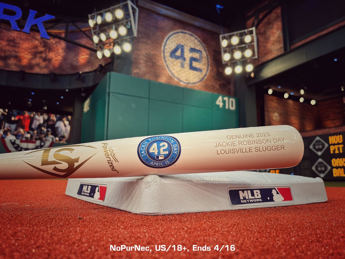 MLBNetwork's tweet photo. MLB Tonight is on the air!

RETWEET for a chance at this commemorative Jackie Robinson Day @sluggernation bat and follow all of Saturday's action with @MelanieLynneN &amp; @YonderalonsoU 📺 

Rules: https://t.co/BGpsZnMU0r | NoPurNec, US/18+, Ends 4/16 | #Jackie42 https://t.co/t6EMjGdr6B