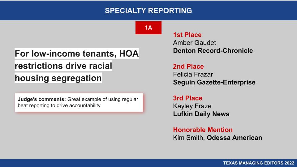 TexasEditors's tweet photo. SPECIALTY REPORTING 1A
1st Place: Amber Gaudet, Denton Record-Chronicle
2nd Place: Felicia Frazar, Seguin Gazette-Enterprise
3rd Place: Kayley Fraze, Lufkin Daily News
Honorable Mention: Kim Smith, Odessa American
#tme23 https://t.co/txZipm6sHj