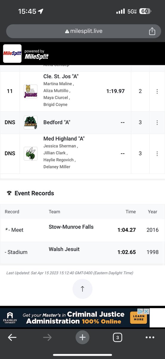 OHMileSplit's tweet photo. Girls 4x100 shuttle hurdles results #WJrelays2023 https://t.co/3urDiF6OyL