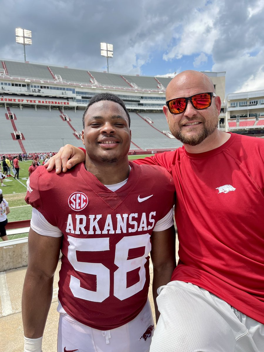 CoachChesshir's tweet photo. Enjoyed getting a preview of what the 2023 Razorbacks will look like and also enjoyed getting to see this stud! @JashaudStewart gearing up to have a big fall!  Love you dude https://t.co/bny9f74URD