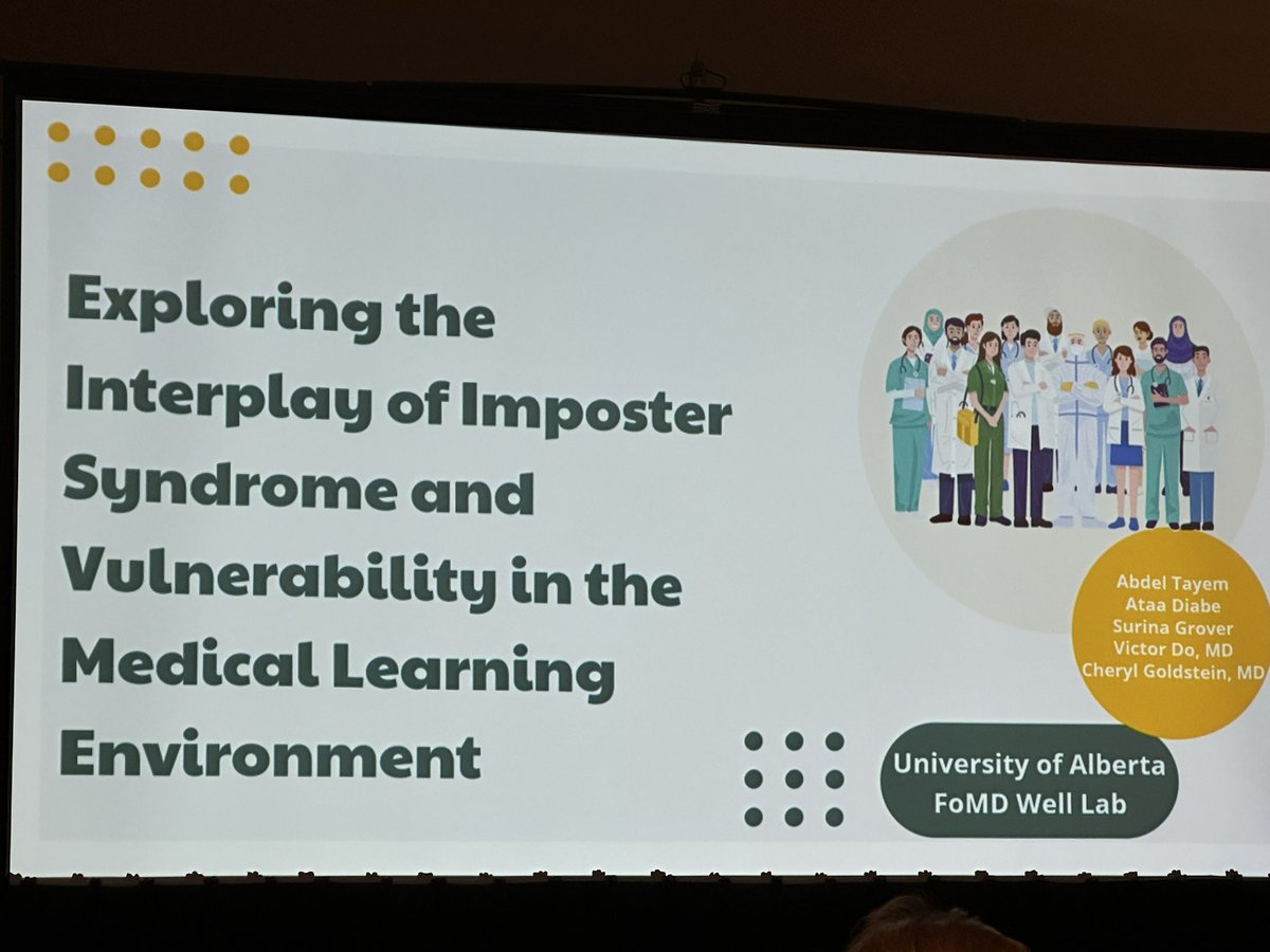 jesstrier's tweet image. A fabulous study by medical students at U of A:

Exploring the interplay of #impostersyndrome and #vulnerability in the medical #learningenvironment 

 #ICAM2023