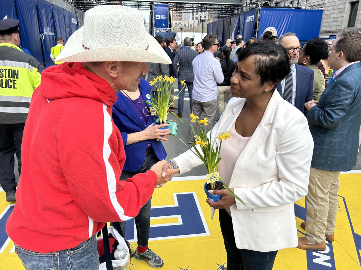 Today on #OneBostonDay I’m thinking of the resiliency and strength of our city and what it means to come together in times of need. I’m honored to be with survivors, colleagues, @BAA and first responders today as we commemorate the new Boston Marathon finish line.
