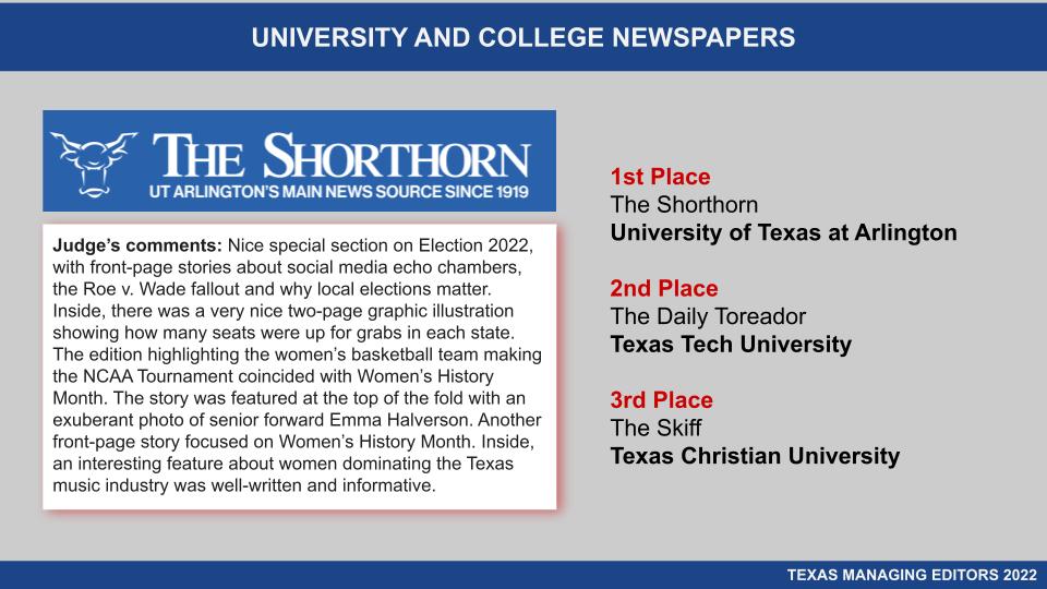 TexasEditors's tweet photo. UNIVERSITY AND COLLEGE NEWSPAPERS
1st Place: The Shorthorn, University of Texas at Arlington
2nd Place: The Daily Toreador, Texas Tech University
3rd Place: The Skiff, Texas Christian University
#tme23 https://t.co/extykZPSdd