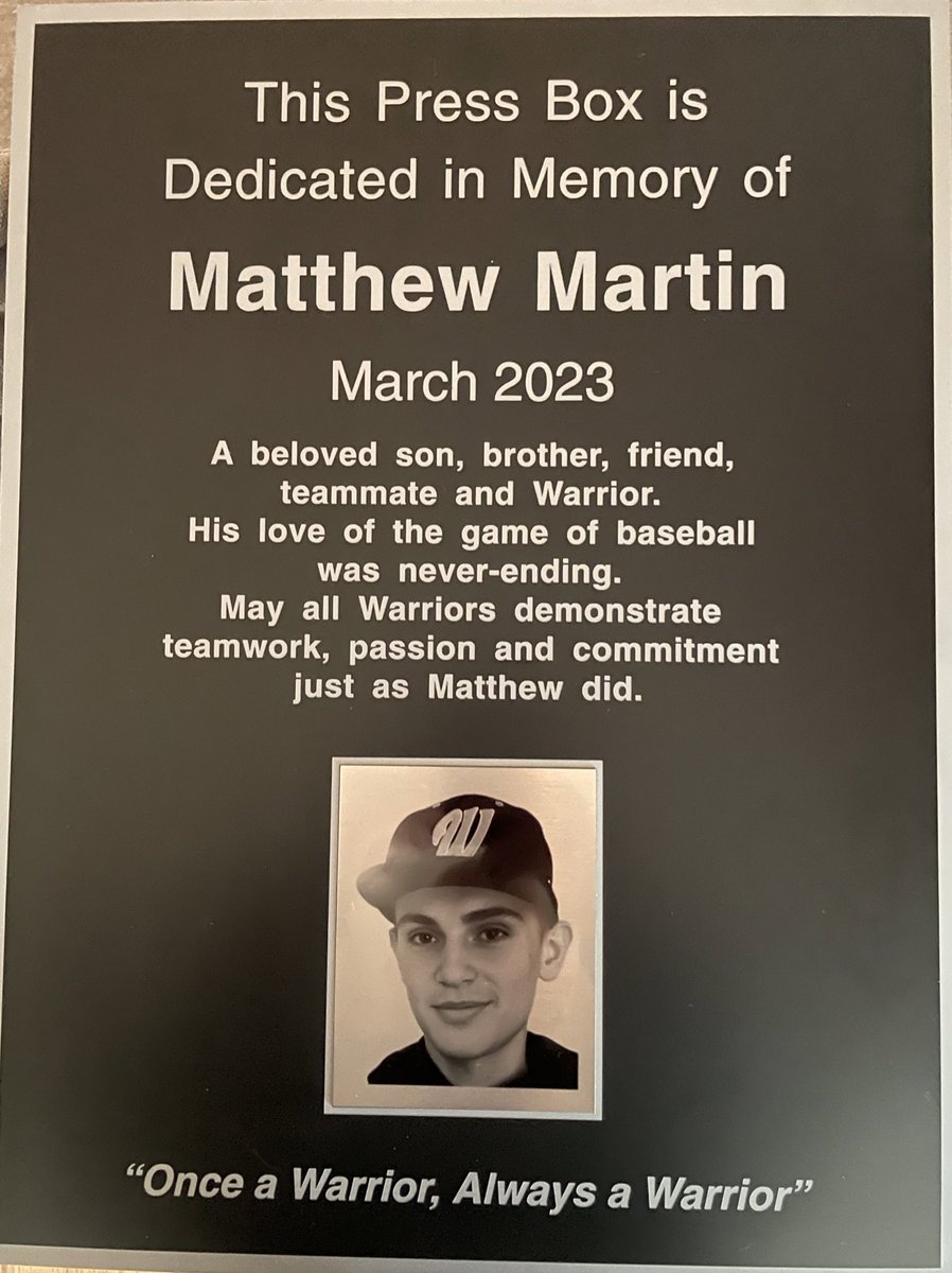 This morning we were pleased to award two deserving seniors with The Matthew Martin Memorial Scholarship. <a href="/carterking04/">Carter King</a> &amp; <a href="/Mason_R19/">Mason Ringenbach</a> 

Also, we were surprised with a copy of the plaque that will be on the outside of the press box. 

Thank you <a href="/wvhsbaseball/">Warrior Baseball</a> !