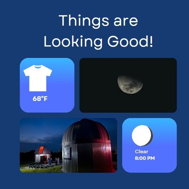 The weather is looking great for tonight’s Star Party!!

We will be starting at 8:00pm, we hope to see you there!

Tickets are $5 cash and sold at the gate!!

More info is available at the link in our Bio!! 🔭🪐

#starparty #telescope #unt #astronomy instagr.am/p/CrEXU9jun9o/