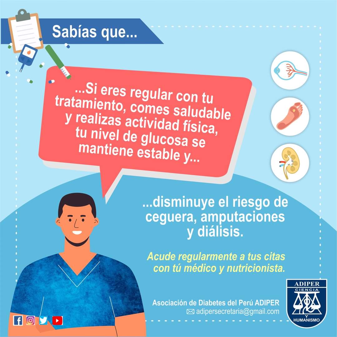 AAdiper's tweet photo. 👩‍⚕️El control de la diabetes esta en tus manos...cumple con tu tratamiento 💊, come saludable 🍎y realiza actividad física regularmente🚴‍♂️...así tu nivel de glucosa se mantendrá estable.

#Adiper #saludybienestar #diabetes #DiabetesySalud @AAdiper https://t.co/Yo5OP1sdvZ