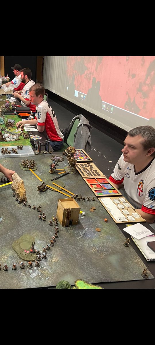 AoS_Marshy92's tweet photo. 3 great games at #Bloodftithe2023 team has won all 3 of our rounds so far. 

Currently 2-1 personally beating @AgeofSotek  and his Gitz, Finlands Bullgors and a narrow loss by 2 VP in a great game against @AosToby. 

We go again tomorrow! 

#chamoneileen #slavestodarkness https://t.co/0DHJCcnn67