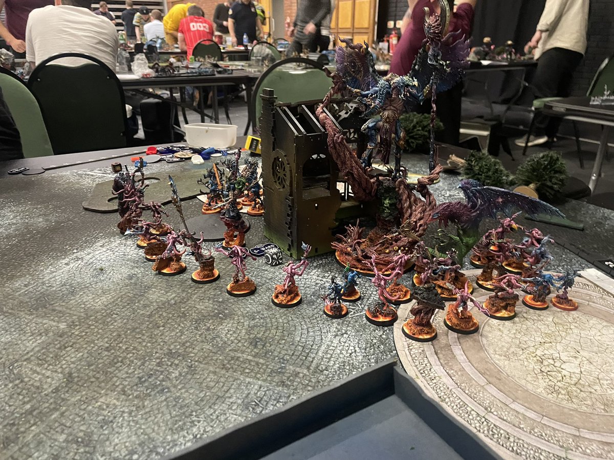 AoS_Marshy92's tweet photo. 3 great games at #Bloodftithe2023 team has won all 3 of our rounds so far. 

Currently 2-1 personally beating @AgeofSotek  and his Gitz, Finlands Bullgors and a narrow loss by 2 VP in a great game against @AosToby. 

We go again tomorrow! 

#chamoneileen #slavestodarkness https://t.co/0DHJCcnn67