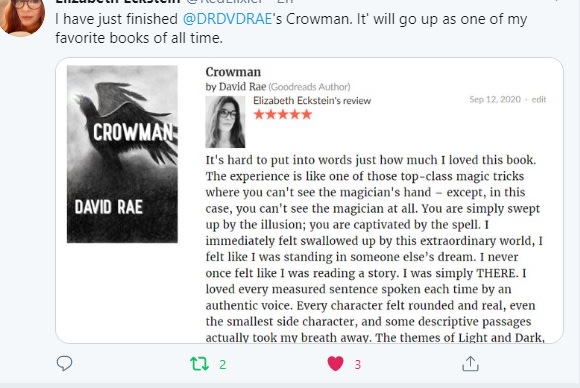 DRDVDRAE's tweet photo. Read my five star rated dark fantasy novel Crowman
https://t.co/M2F3OfJRim
#fantasy #darkfantasy #crowman #horror https://t.co/KJcLbYmMWo