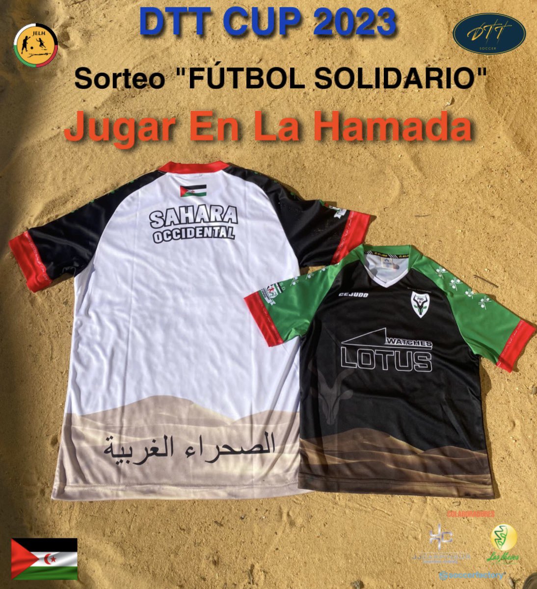 Gracias a la <a href="/oficialfsd/">Federación Saharaui de Deportes</a>  por donar su camiseta de la selección 🇪🇭 en beneficio de <a href="/JugarEnLaHamada/">JugarEnLaHamada</a> 

 Formará parte del sorteo #FútbolSolidario organizado por #DTT 

Los beneficios irán destinados a promover el deporte entre los niños saharauis. 
#DTTCup2023 #saharaoccidental🇪🇭