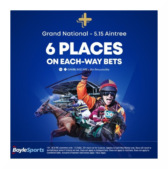 The Grand National 5.15 Aintree‼️ 🏇🏇🏇

Boyle Sports paying 6 places on Each-Way Bets‼️

Load HERE ▶️ bit.ly/3MLrOY7

18+ only | Play Safe | begambleaware.org | #ad | #win | #AintreeFestival | #GrandNational2023