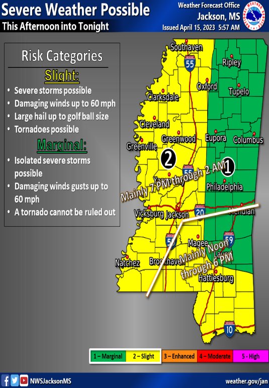 MSEMA's tweet photo. 🚨Here’s an updated forecast for this afternoon into tonight (4/15) 
Severe storms are possible statewide. Damaging winds, hail and tornadoes are possible. 

🌪️Stay weather aware 
📲Have alerts on loud https://t.co/8Kkp8SalsP