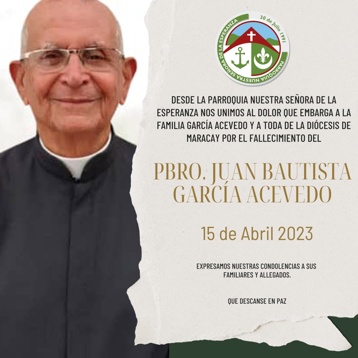 Nuestras condolencias para familiares, amigos y toda la diócesis de maracay por el sensible fallecimiento del Pbro. Juan Bautista García Acevedo