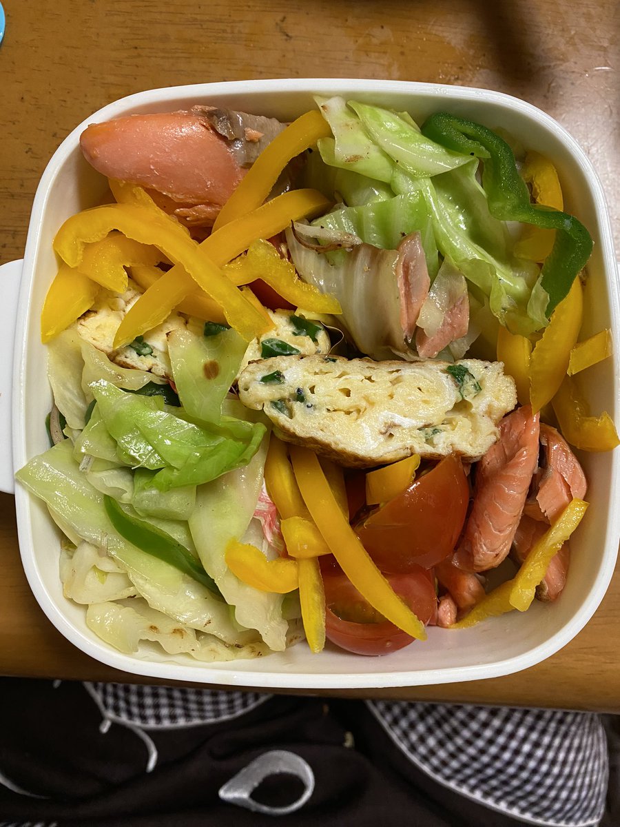 oasisnoneko's tweet photo. #お弁当
・焼鮭
・キャベツとピーマン炒めシラスかけ
・小葱とシラス入り玉子焼き
・カラーピーマン
・ミニトマト
我ながら思う事✨彩り良い❣️明るい🍀 https://t.co/v7f7CvYQNZ