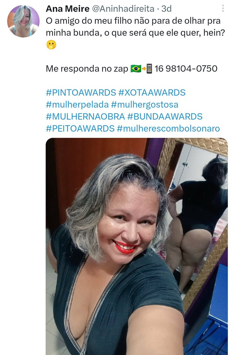 Martamendes000's tweet photo. Kkkkkkk tem gente que é iludida né! 😂😂😂😂 O amigo deve que tava reparando nas celulites.
Coitada, acha que o novinho quer ela! #iludida #feia #put4 #safad4 #hipocrita #queng4 #celulite #jamanta #oferecida #semvergonha #amostrada #v4d14 #vaca #demoni4 #homewrecker #escrot4 https://t.co/FQLnE8M40S
