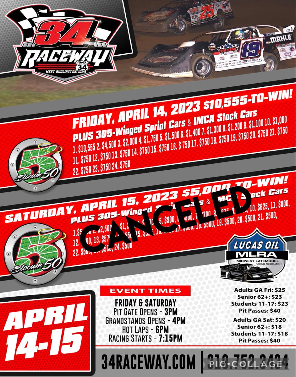 👎🏼Unfortunately, Night 2 of racing has been cancelled due to rain. Thank you all for supporting the Slocum 50 & 34 Raceway.