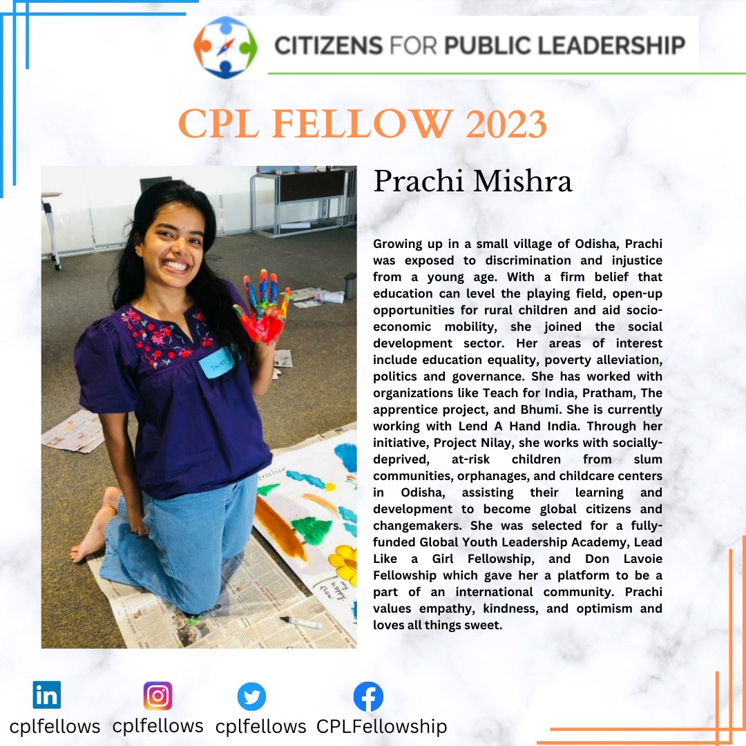 We are glad to have with us  Prachi Mishra #CPLFellows2023. She has recently been selected for the 9th cohort of She Creates Change. She is adding more feathers to her cap, and this #Fellowship shall make her journey richer.
#changeorg #shecreateschange #empowerment