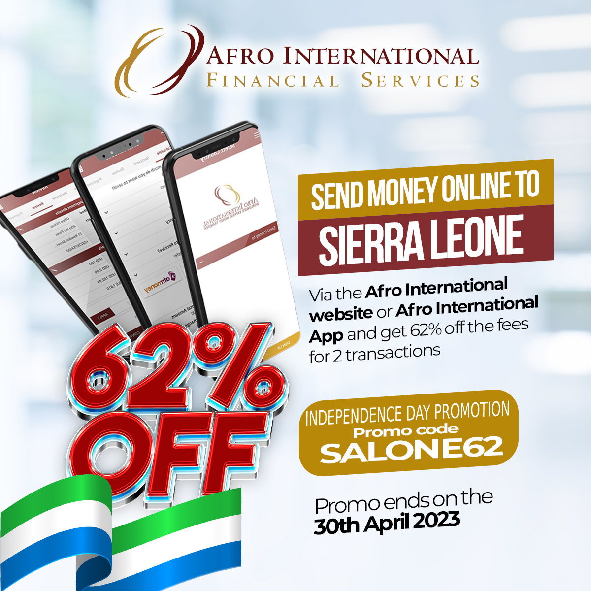 62% off Fees x2 - Independence Day Promotion - mailchi.mp/afroint/62x2-o… #SierraLeone #Salone #62IndependenceDay
