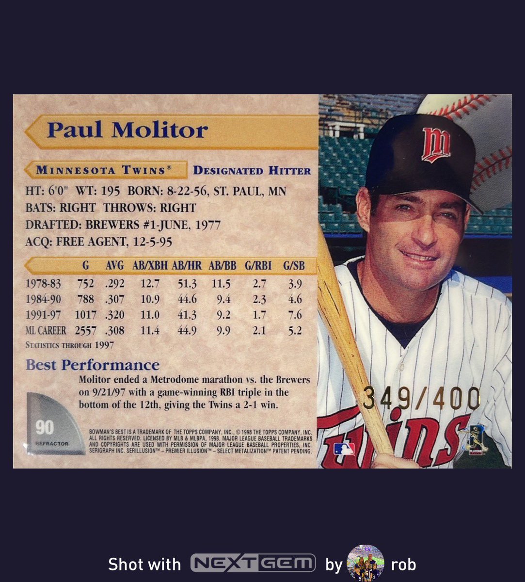 Here’s a rare Paul Molitor card from my stash of singles that I’ll be giving away at the <a href="/MN_Card_Show/">Minnesota Card Show</a> Friday 4/21-

You can win a free single like this or a ⚾️ pack just by showing that you use the free <a href="/NextGemApp/">NextGem</a> on your iPhone.

PAUL MOLITOR
1998 BOWMAN'S BEST
REFRACTOR /400