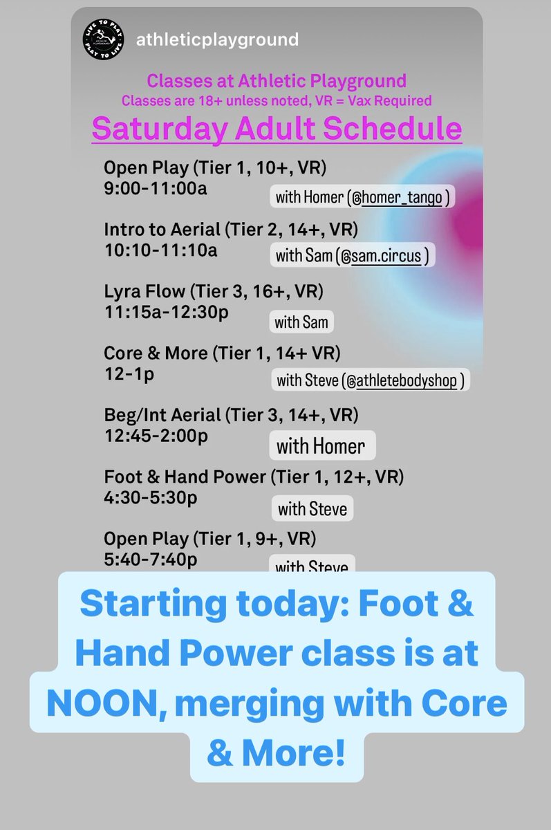 AthleteBodyShop's tweet photo. Recent changes to the Athlete Body Shop classes at @AthleticPG:

⚡️”Barefoot Power” class, is now “Foot &amp; Hand Power” and is merging with “Core &amp; More” class at noon on Sat as of today (14 Apr ‘23).

⚡️ “Triathlete Tune-up” is now “Multisport Tuneup” and is on Thu 7:15 PM. https://t.co/K6EjzXPC1H