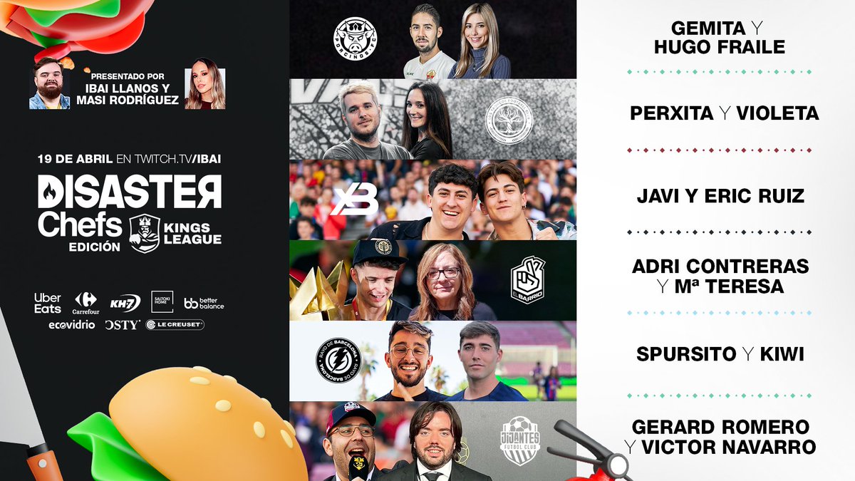 Este miércoles 19 a las 19:30 vuelve la segunda edición de Disaster Chefs.

Contaremos con <a href="/mariaisabelrr9/">Masi</a> como presentadora para esta temporada también.

Serán 4 programas. Solo una pareja ganadora. El primer programa especial Kings League.